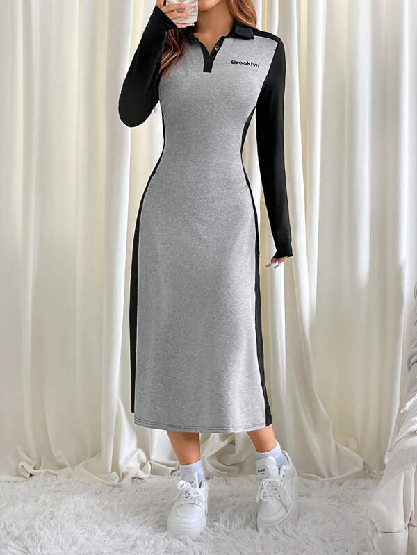 Vestido Midi Gola Polo Manga Longa Estilo Esportivo