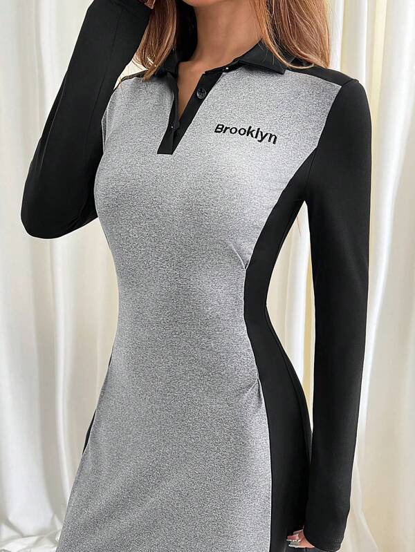 Vestido Midi Gola Polo Manga Longa Estilo Esportivo