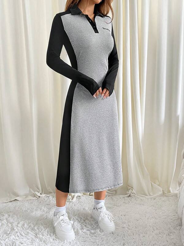 Vestido Midi Gola Polo Manga Longa Estilo Esportivo