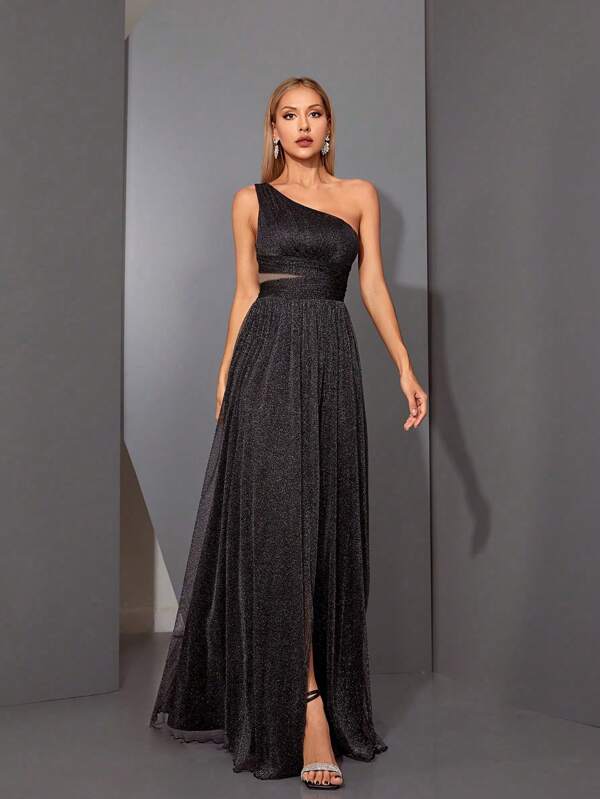 Vestido Longo Ombro Único Com Tule E Fenda Frontal