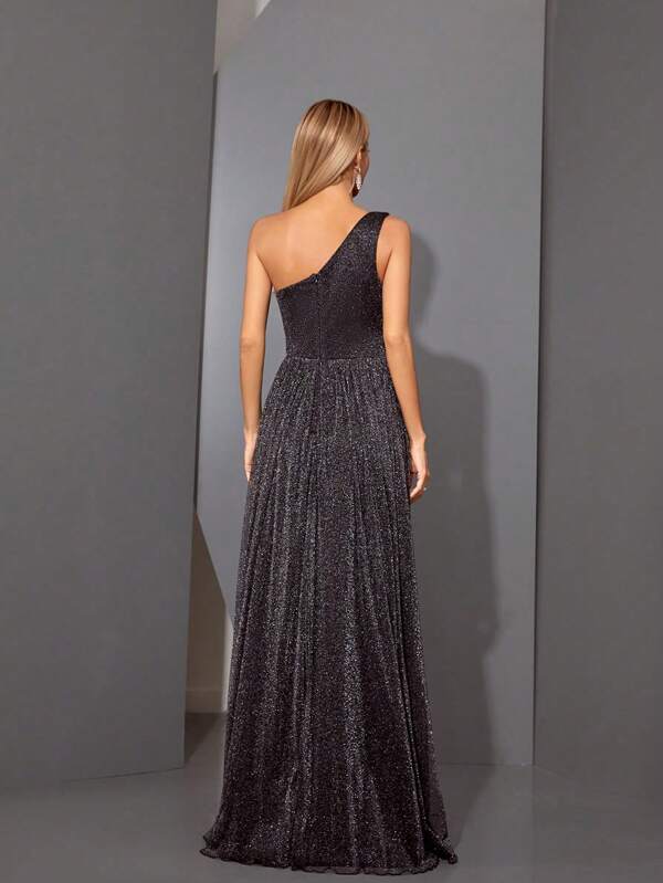 Vestido Longo Ombro Único Com Tule E Fenda Frontal