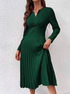 Vestido Midi Manga Longa Acinturado Com Saia Plissada