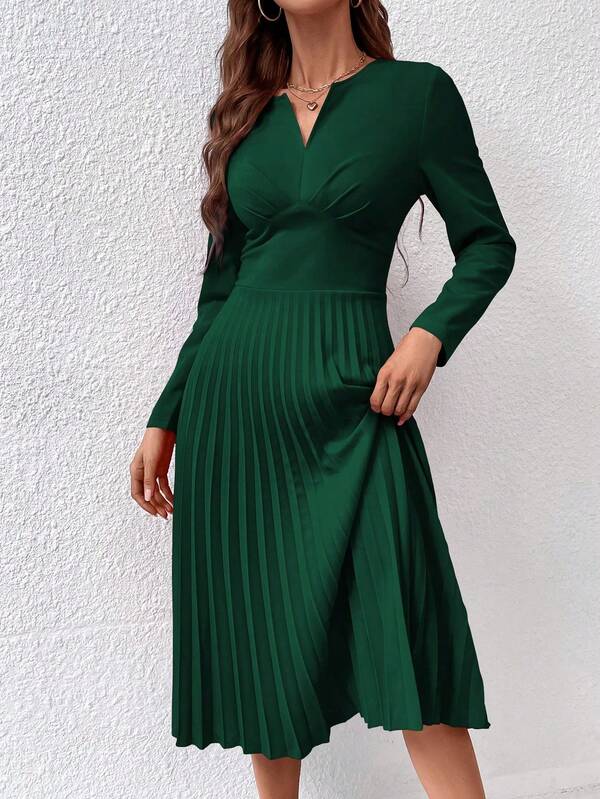 Vestido Midi Manga Longa Acinturado Com Saia Plissada