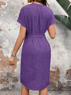 Vestido Curto Decote V Com Faixa Acinturada Estilo Casual