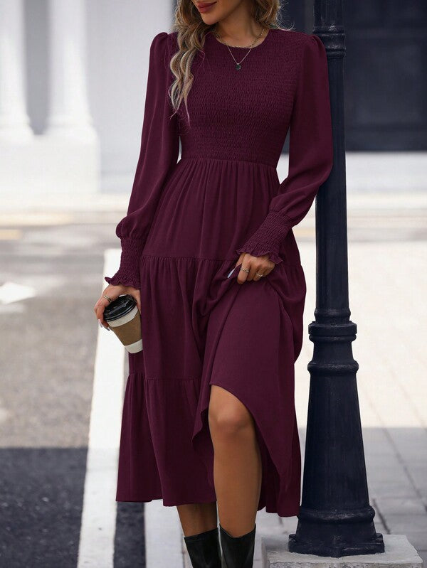 Vestido Midi Com Lastex Acinturado Manga Longa Casual Boho