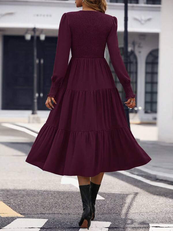 Vestido Midi Com Lastex Acinturado Manga Longa Casual Boho