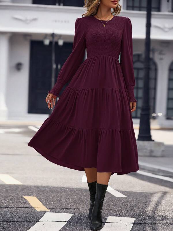 Vestido Midi Manga Longa Com Lastex Estilo Romântico