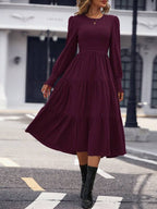 Vestido Midi Com Lastex Acinturado Manga Longa Casual Boho