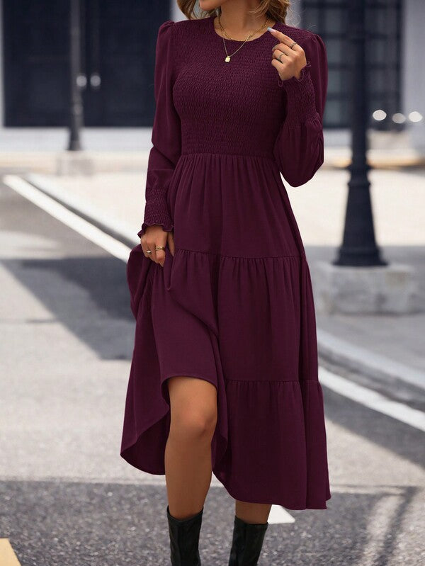 Vestido Midi Com Lastex Acinturado Manga Longa Casual Boho