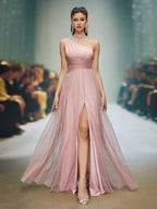 Vestido Longo Ombro Único Com Tule E Fenda Frontal