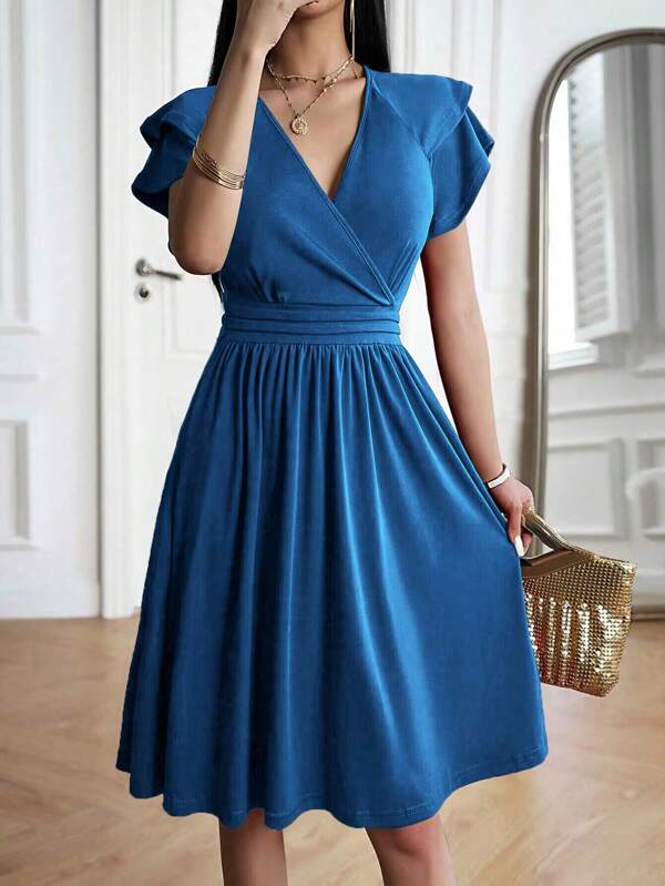 Vestido Midi Transpassado Acinturado Com Babados Elegante