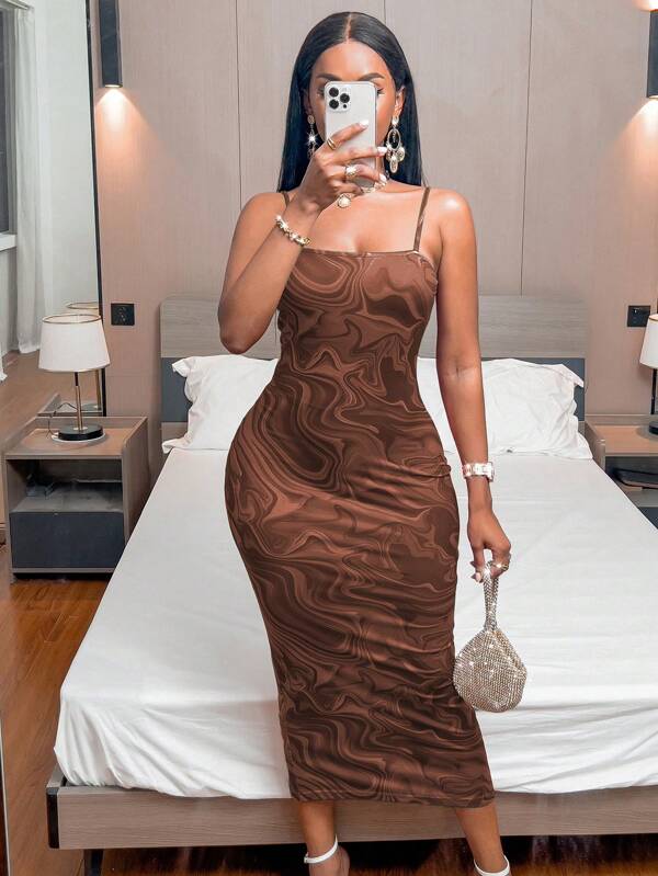 Vestido Midi Ajustado Com Alças Finas E Estampa Abstrata