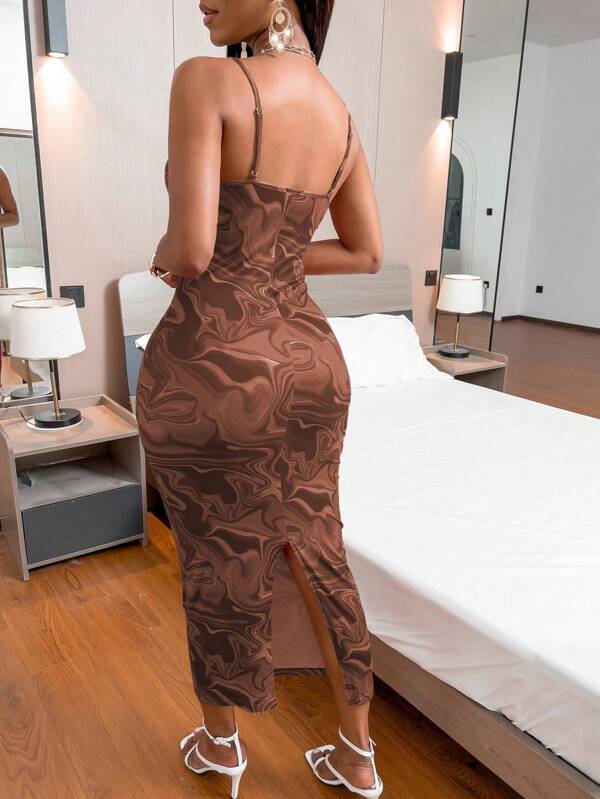 Vestido Midi Ajustado Com Alças Finas E Estampa Abstrata