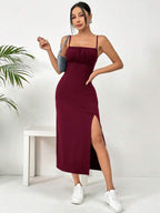 Vestido Midi Alças Finas Acinturado Com Fenda Elegante