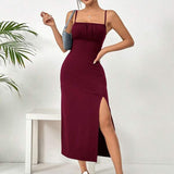 Vestido Midi Alças Finas Acinturado Com Fenda Elegante