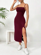 Vestido Midi Alças Finas Acinturado Com Fenda Elegante