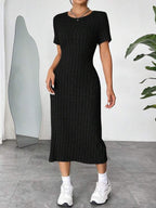 Vestido Midi Canelado Ajustado Manga Curta Estilo Minimalista