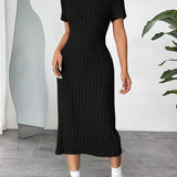 Vestido Midi Canelado Ajustado Manga Curta Estilo Minimalista