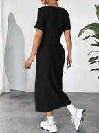 Vestido Midi Canelado Ajustado Manga Curta Estilo Minimalista