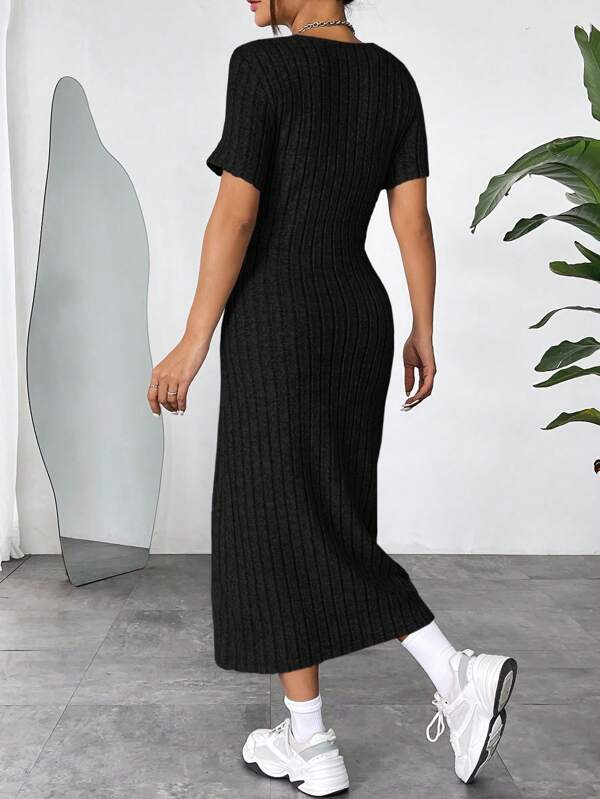 Vestido Midi Canelado Ajustado Manga Curta Estilo Minimalista