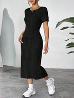 Vestido Midi Canelado Ajustado Manga Curta Estilo Minimalista