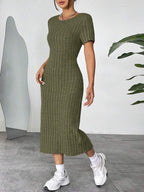 Vestido Midi Canelado Ajustado Manga Curta Estilo Minimalista