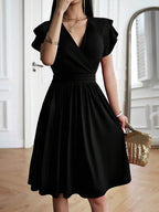 Vestido Midi Transpassado Acinturado Com Babados Elegante