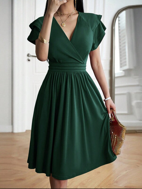 Vestido Midi Transpassado Acinturado Com Babados Elegante