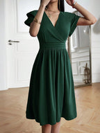 Vestido Midi Transpassado Acinturado Com Babados Elegante
