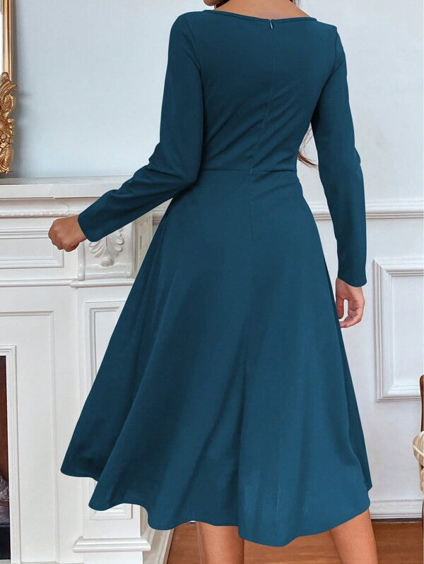 Vestido Midi Evasê Manga Longa Estilo Clássico Elegante