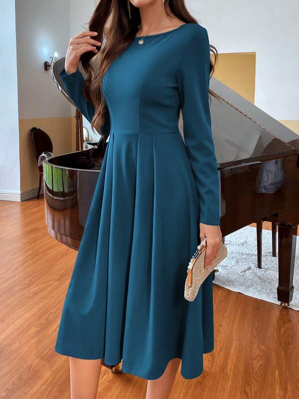 Vestido Midi Evasê Manga Longa Estilo Clássico Elegante