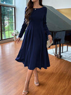 Vestido Midi Evasê Manga Longa Estilo Clássico Elegante