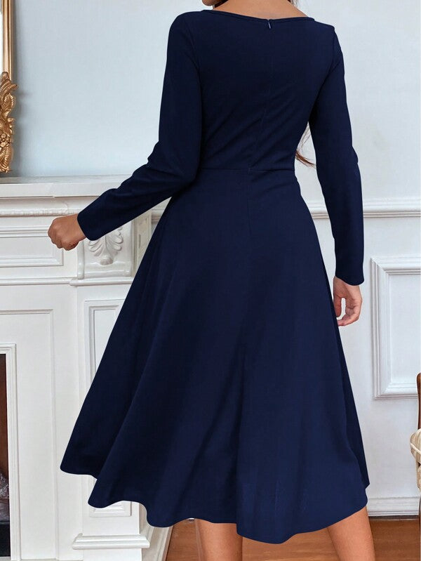 Vestido Midi Evasê Manga Longa Estilo Clássico Elegante