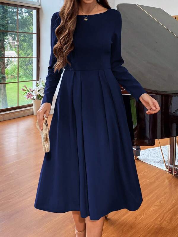 Vestido Midi Evasê Manga Longa Estilo Clássico Elegante