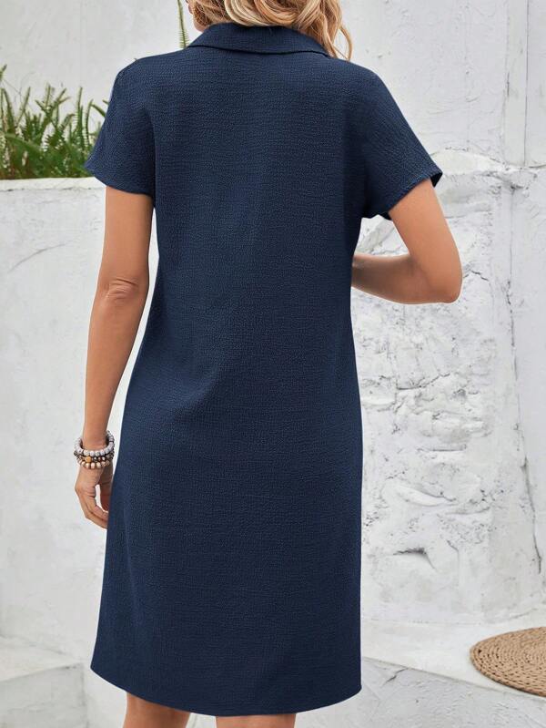 Vestido Curto Gola Polo Soltinho Texturizado Estilo Casual