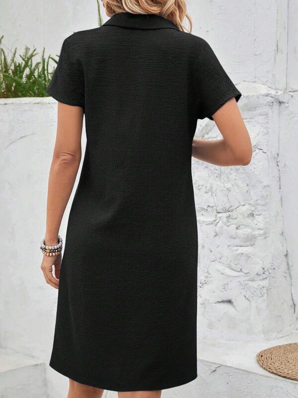 Vestido Curto Gola Polo Soltinho Texturizado Estilo Casual