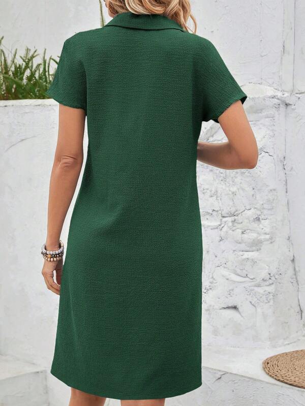 Vestido Curto Gola Polo Soltinho Texturizado Estilo Casual