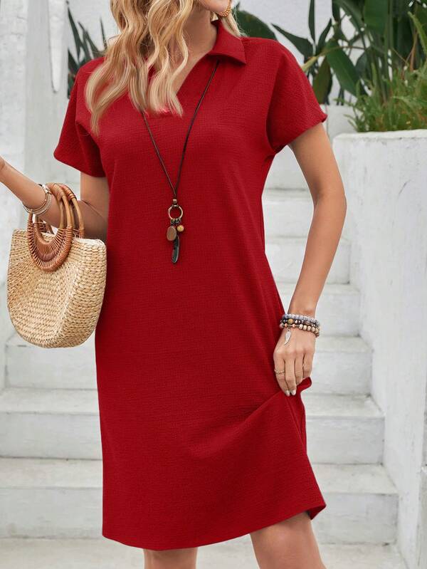 Vestido Curto Gola Polo Soltinho Texturizado Estilo Casual