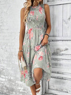 Vestido Midi Com Lastex Estampa Floral Estilo Romântico