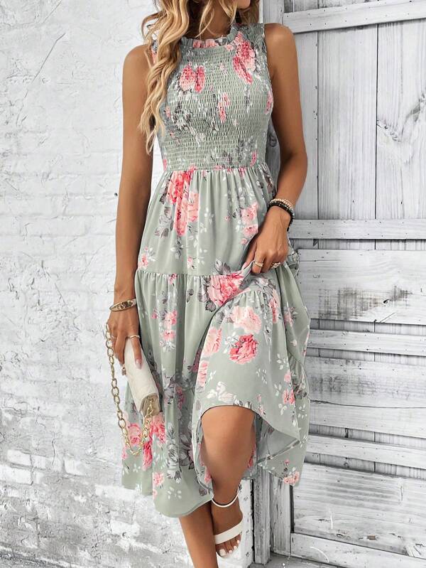 Vestido Midi Com Lastex Estampa Floral Estilo Romântico