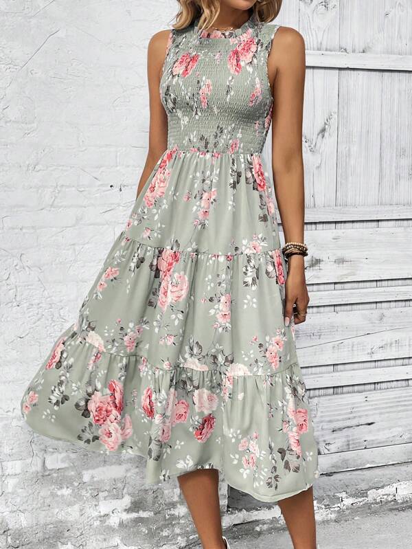 Vestido Midi Com Lastex Estampa Floral Estilo Romântico