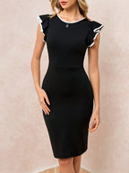 Vestido Midi Ajustado Com Manga Babado Contrastante