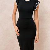 Vestido Midi Ajustado Com Manga Babado Contrastante