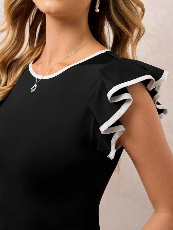 Vestido Midi Ajustado Com Manga Babado Contrastante