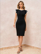 Vestido Midi Ajustado Com Manga Babado Contrastante