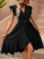 Vestido Midi Transpassado Com Babados E Faixa Ajustável