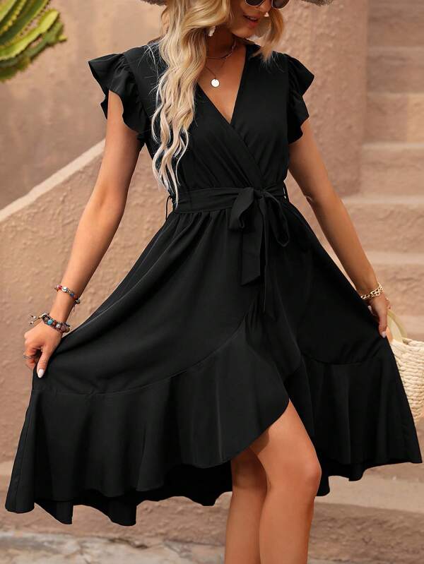 Vestido Midi Transpassado Com Babados E Faixa Ajustável