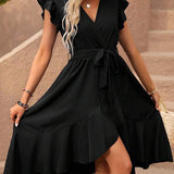 Vestido Midi Transpassado Com Babados E Faixa Ajustável