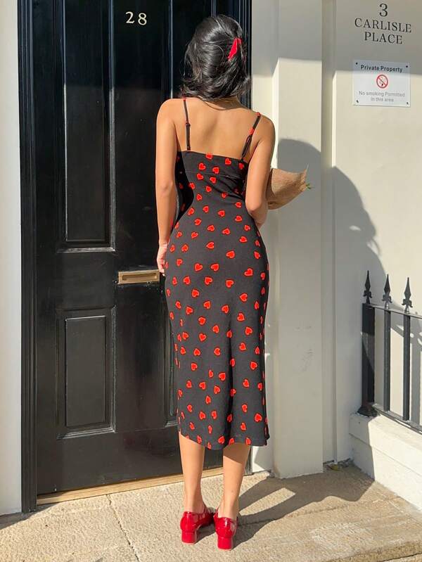 Vestido Midi Alças Finas Com Fenda Estampa Corações