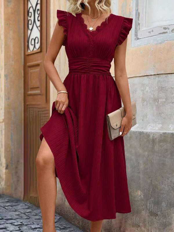 Vestido Midi Com Franzido E Babados Decote V Casual